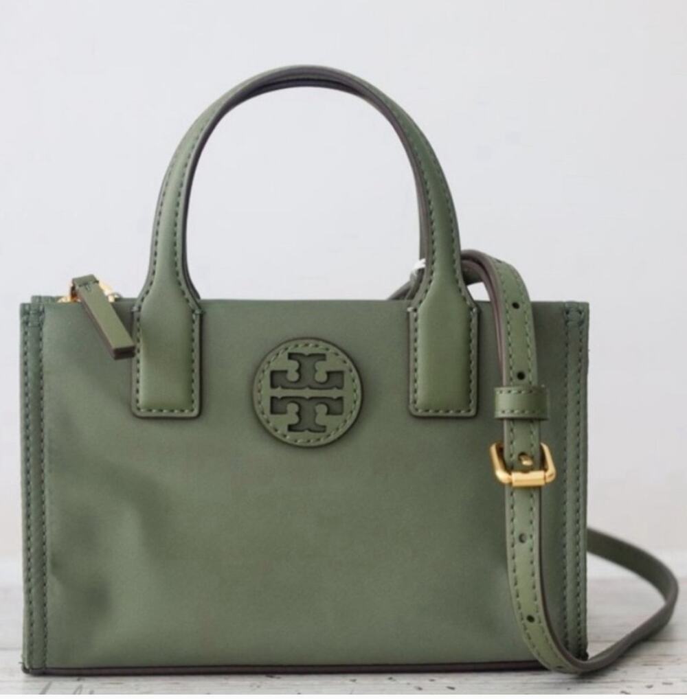 Tory Burch Ella Nylon Mini Baby Tote Purse Crossbody Strap Olive Palm Green